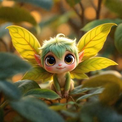 The primary subject of the image is a small, cute, and colorful fairy or elf-like creature. It is sitting on a branch in a forest setting, surrounded by green leaves. The visual style of the image is a combination of photo and digital art, creating a whimsical and magical atmosphere. The colors and mood of the image are predominantly green, with a touch of pink, which adds to the fairy's charm and innocence.